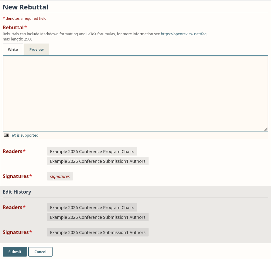 The default rebuttal form, showing the Rebuttal field