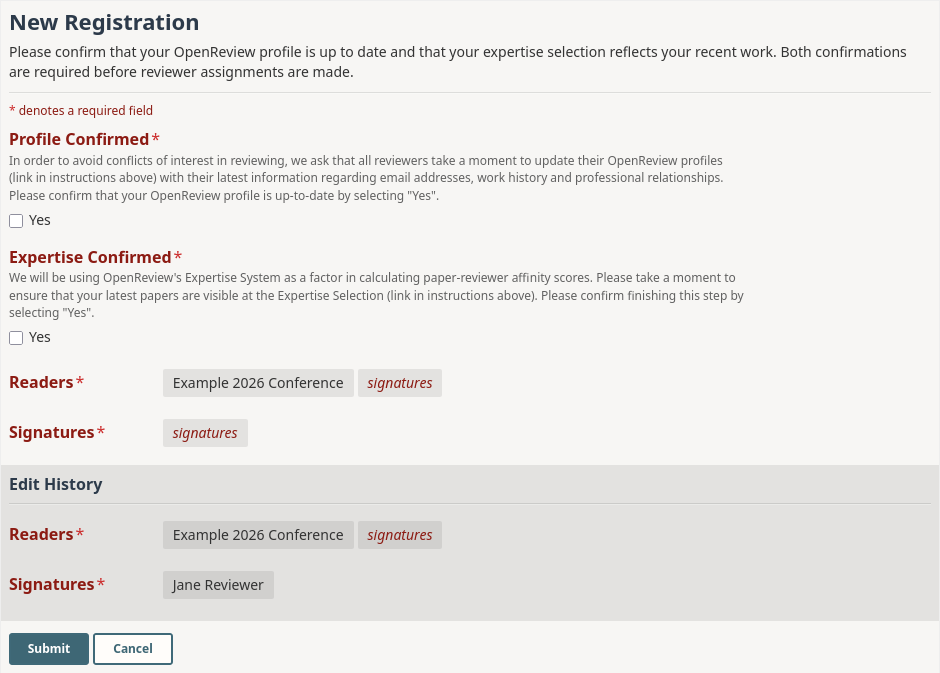 The default registration form, showing the Profile Confirmed and Expertise Confirmed fields