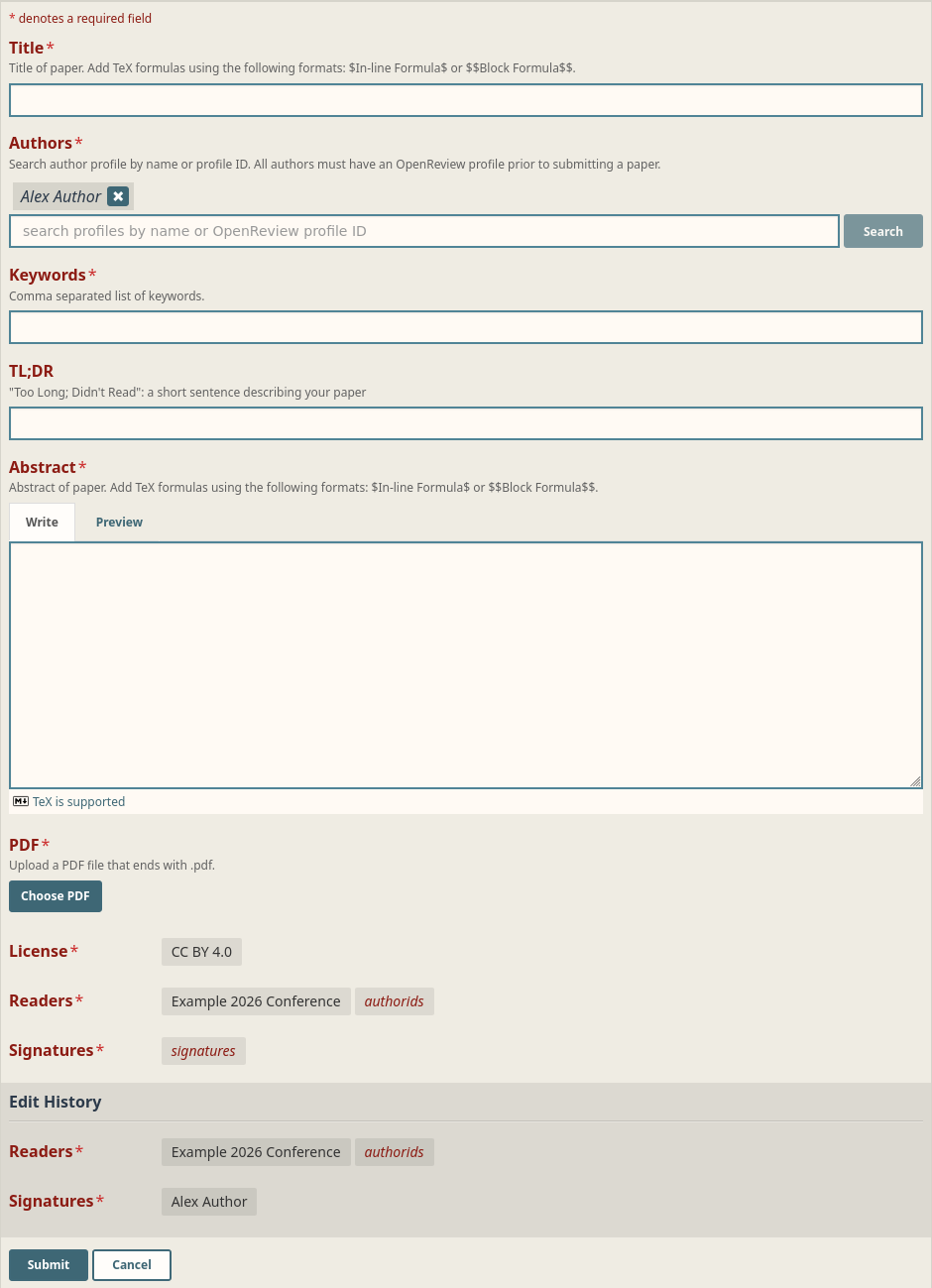 The default submission form, showing the Title, Authors, Keywords, TL;DR, Abstract and PDF fields