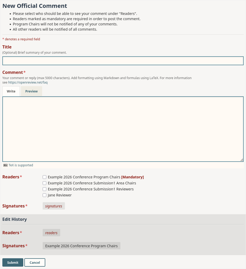 The default comment form, showing the Title, Comment and Readers fields