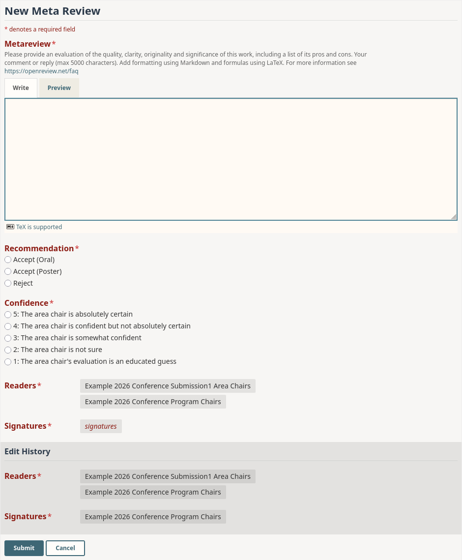 The default meta review form, showing the Metareview, Recommendation and Confidence fields