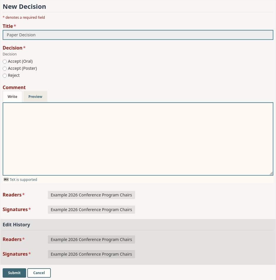 The default decision form, showing the Title, Decision and Comment fields