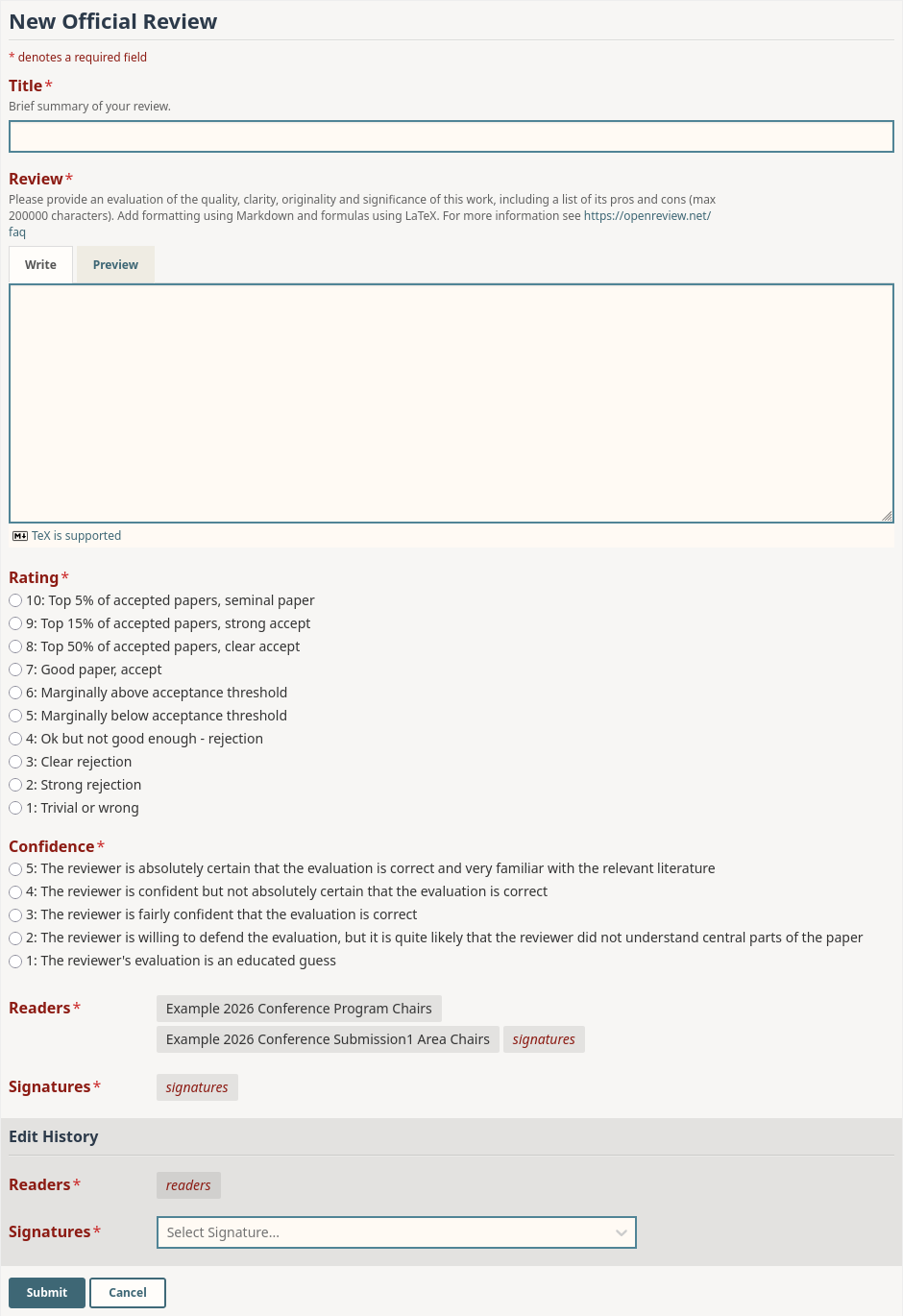 The default review form, showing the Title, Review, Rating and Confidence fields