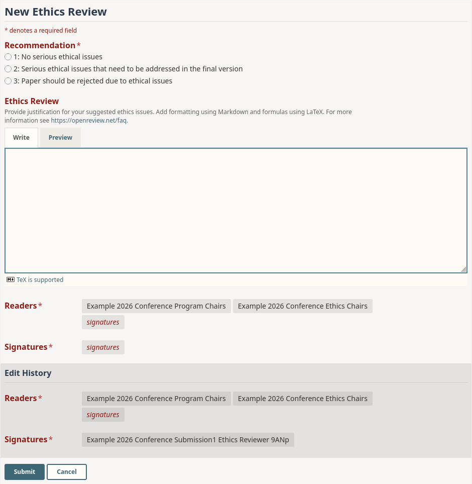 The default ethics review form, showing the Recommendation and Ethics Review fields